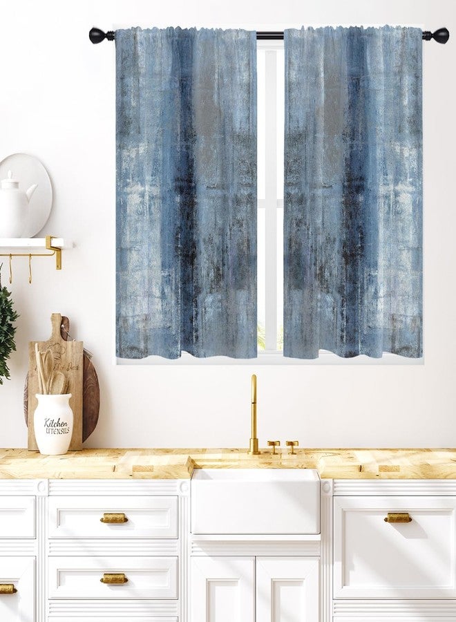 Coxila Abstract Blue Kitchen Window Curtains 27.5 x 39 Inch Small Short Mini Cafe Rod Pocket Dark Navy Gray Grey Watercolor Living Bedroom Room Home Treatment Set of 2 Curtain Panels Drapes Tiers - Image 1